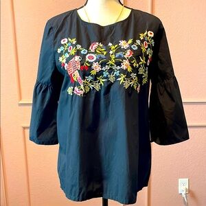 LOFT Black Embroidered Parrot Bird Flower Bell Sleeve M